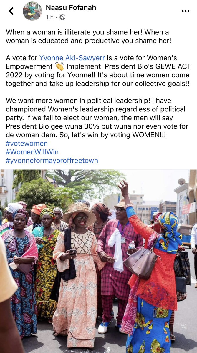yakisawyerr's tweet photo. Thanks so much @gfofanah #NaasuFofanah! Grateful for your support for me and for all women in Sierra Leone! #WomenWillWin #5MoreToDoMore #TransformFreetown https://t.co/P7V3Sbn3Vd