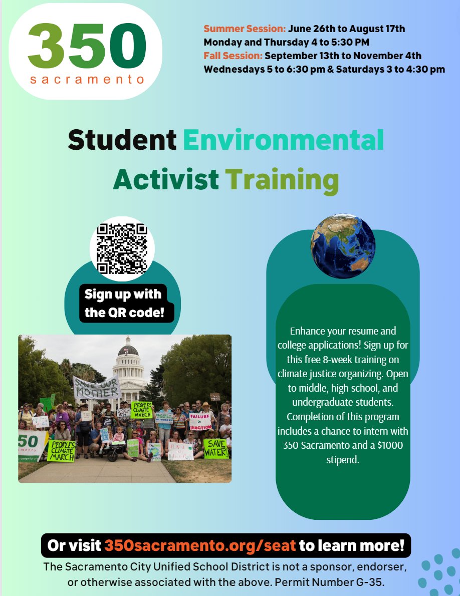 Learn more about 350 Sacramento's SEAT program now. Sign up and learn how to earn yourself a spot at the table. 

#climatechange #sacramentocommunity #sacramentofuture #350sacramento #youthclimateadvocacy