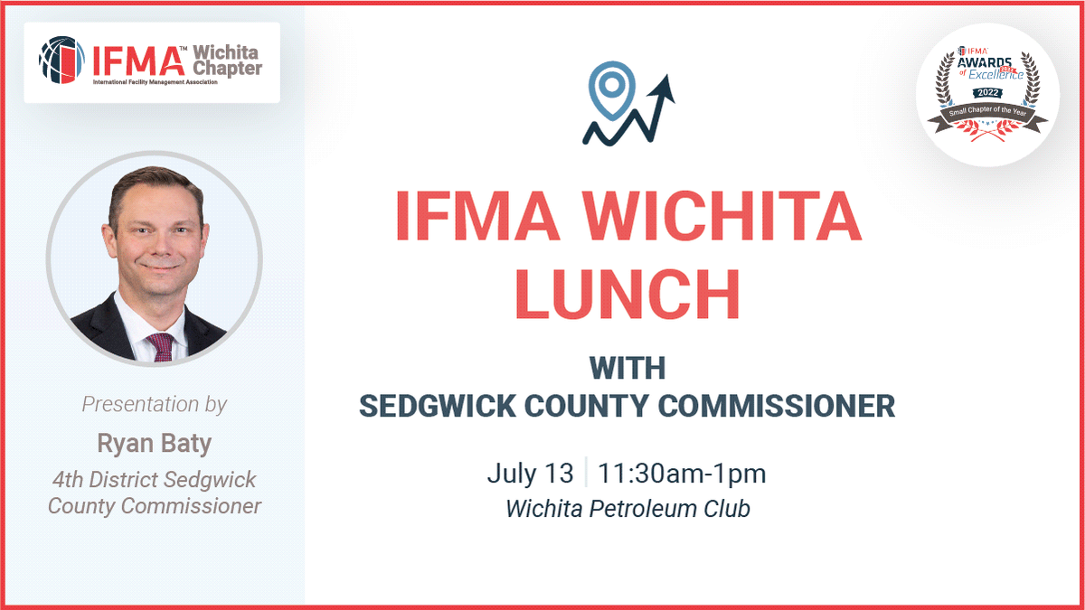 Join us on July 13 hear from Ryan Baty, 4th District @SedgwickCounty Commissioner on local economic conditions, opportunities and challenges related to our economy and real estate. #ifmawichita #facilitymanagement #facilitymanagers #facilitymaintenance eventbrite.com/e/ifma-wichita…