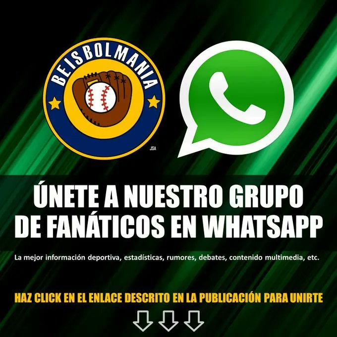 ¿Quieres estar informado del beisbol en todo momento? Te invitamos a unirte a nuestro grupo de fanáticos en Whatsapp, donde tendremos noticias, datos, debates y todo lo relacionado a MLB y el beisbol en general. 
¡ Haz click en el enlace y únete ! 
buff.ly/3JabVH5