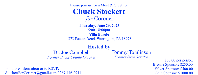 NewtownGOP's tweet photo. GNRC Notification of Event for Chuck Stockert for Coroner - https://t.co/BFATTHQIQI https://t.co/kDTCMZkUA0