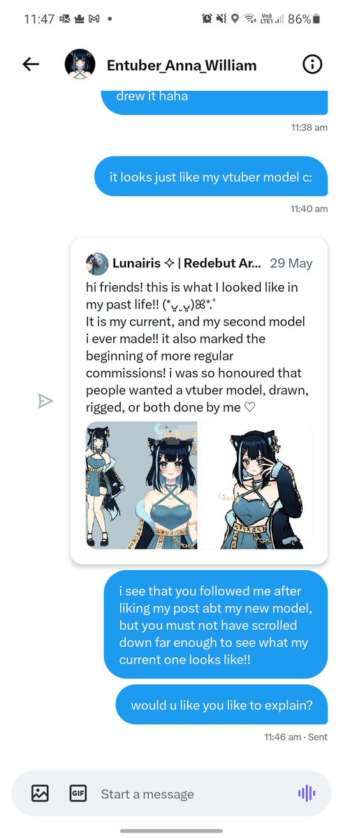 imLunairis's tweet photo. using MY vtuber model png as your pfp, your BRAND? and then lying about drawing it yourself to my face is kind of wild

i apologise if this hostile public post is uncomfy, i just dont see myself forgiving someone who STOLE my art and is using it to scam others.. please report https://t.co/XXYYzK7nN9