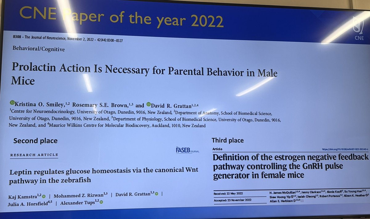 CNE paper of the year 2022📝 Congratulations to <a href="/prolactingrl/">Dr. Kristina Smiley</a> ‘s jneurosci.org/content/42/44/… for winning this year! Runner up <a href="/KajKamstra/">Kaj Kamstra</a> and third <a href="/JamieMcQuillan4/">Jamie</a> 👏👏
