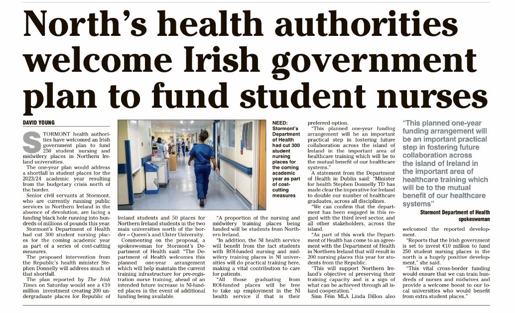 GabrielScally's tweet photo. €10m financial support from the Republic of Ireland for the defunded nurse training programmes in Northern Ireland. 250 nurses will be trained and vial training capacity in the Universities retained. More detail in today’s Irish News. https://t.co/NDuZkQg364