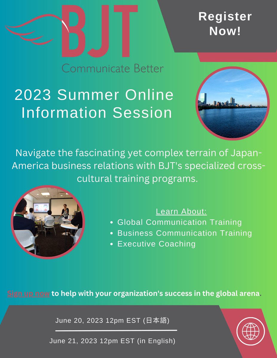 We are holding an online information session. BJT is  excited at the possibility to support the success of your intercultural exchange. Please join us!

Register here: forms.gle/UZj7uAiAqRTZNu…… 

#InternationalBusiness #JapaneseLanguage #CulturalTraining #LanguageTraining