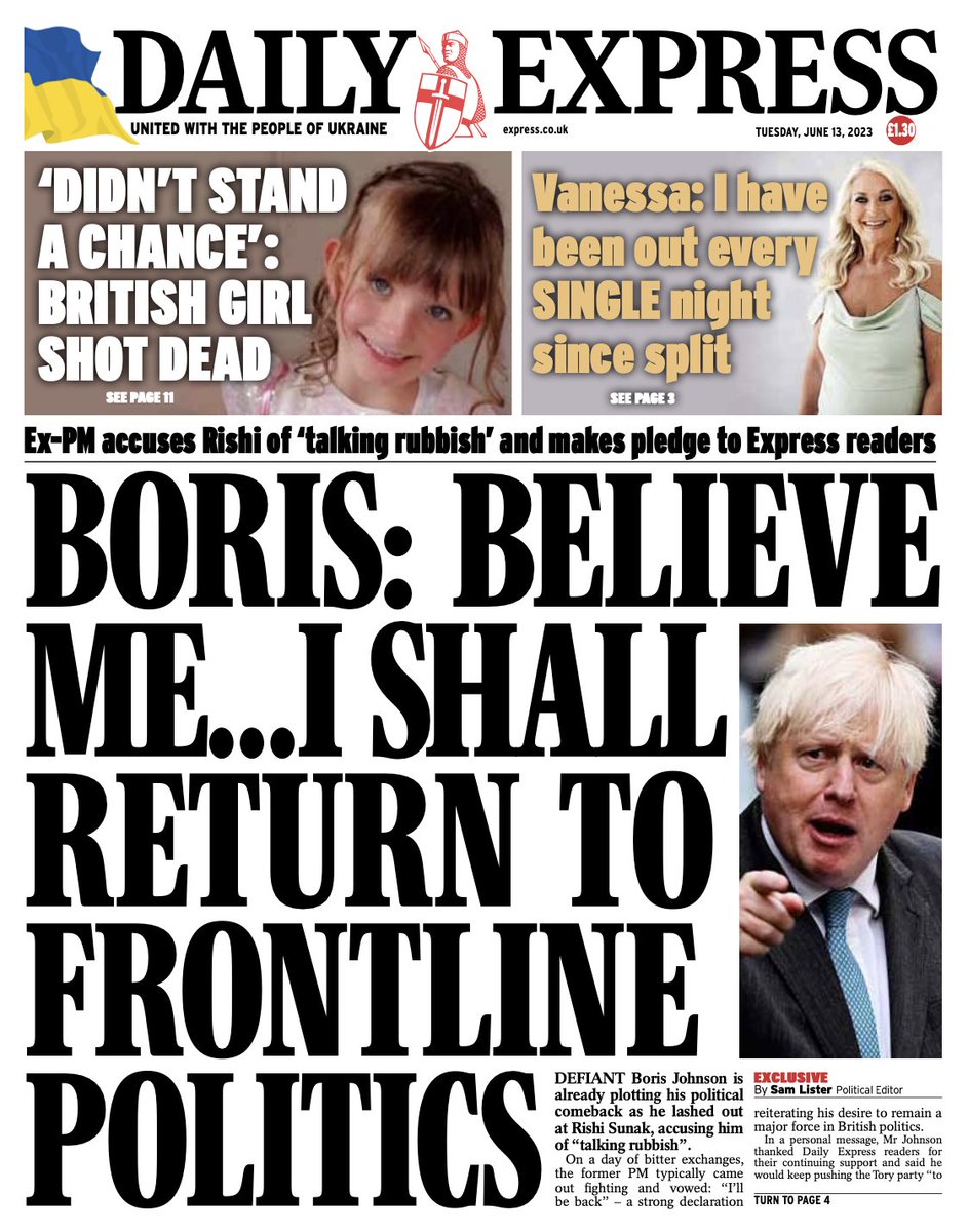 BBCNews's tweet image. Tuesday&apos;s Express: “Boris: Believe me... I shall return to frontline politics” #BBCPapers #TomorrowsPapersToday bbc.in/3NaFkDg
