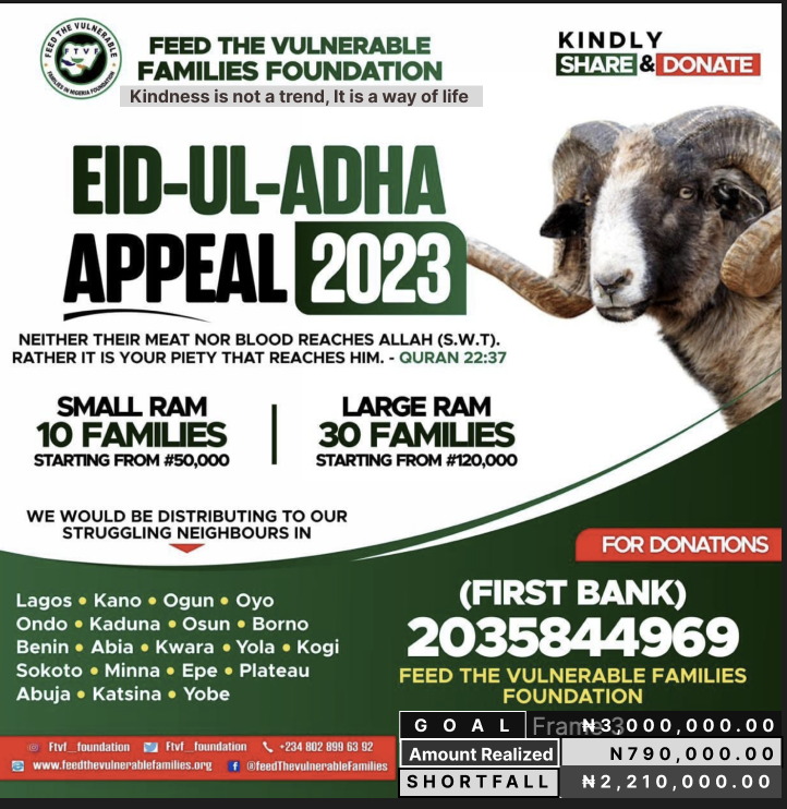 ftvf_foundation's tweet photo. Please help us bring happiness, joy, and smiles to the doors and faces of widows, orphans, displaced families, individuals with special needs, and other vulnerable ones in this blessed and beautiful time of the year.

By donating to this noble cause, we would ensure they have meat and something to eat during the festive season and beyond.

The Prophet Muhammad (pubs) said: “He is not a believer whose stomach is filled while his neighbor goes hungry.

Kindly donate generously, help retweet, and share this with friends, followers, and family.

Donate Link: https://t.co/e5WEi9LRWo