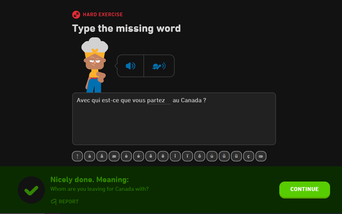 _ImaBMe's tweet photo. Duolingo (@duolingo), you are teaching BAD English.  Proper English would be "With whom are you leaving for Canada?"  A structure that is the same in other languages (e.g., French).

As is, you are promoting poor E. grammer and consequently making learning harder for non-natives. https://t.co/YRV23FKqW1