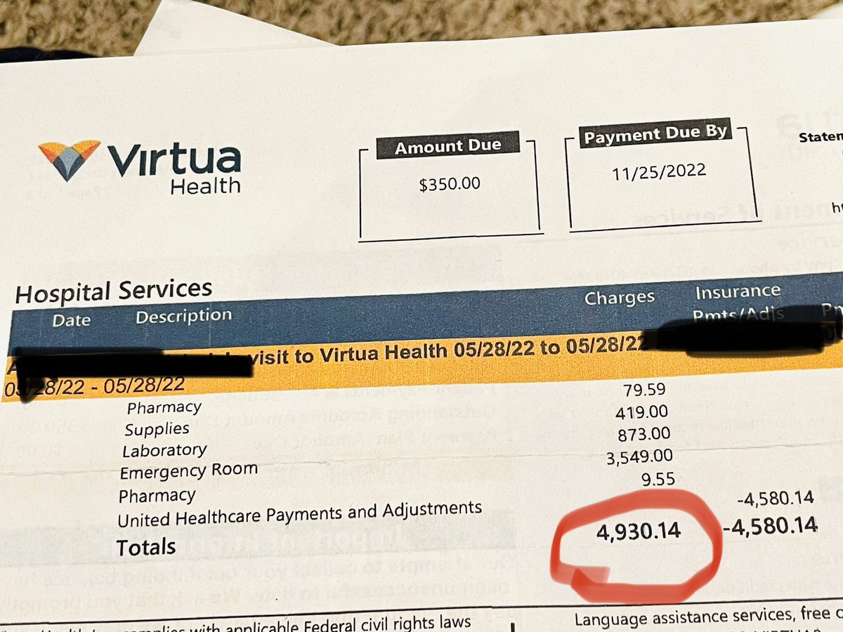 Just haggled down a #medicaldebt collector to $250 - and I’m disgusted. 
@VirtuaHealth price-gouged $5000 for an IV for dehydration from #Covid & laying in a room alone 2 hrs. This is *with* insurance (1st time in my life). This is why ppl don’t go to the hospital.