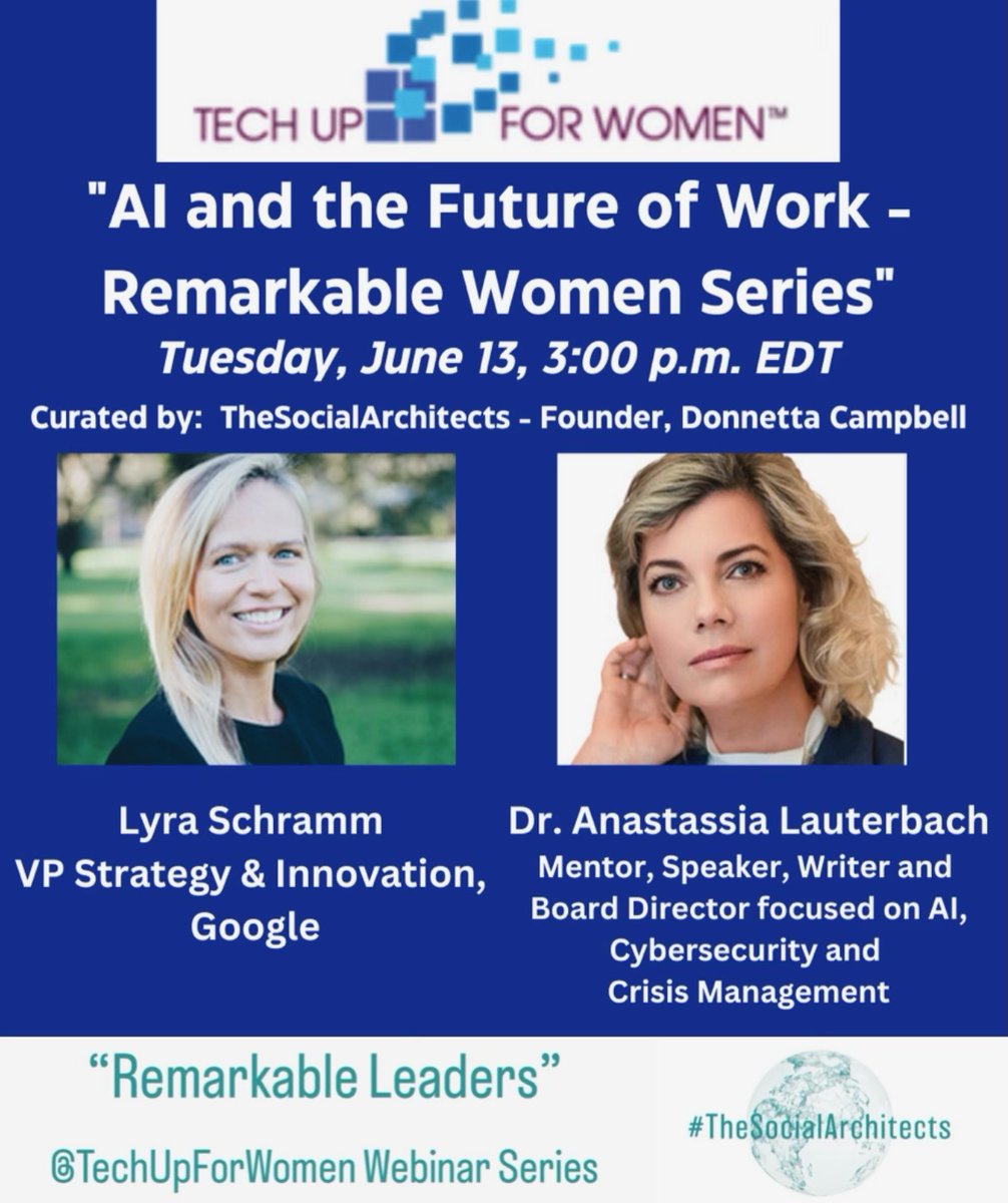 Looking forward to joining @DrALauterbach for this special #TechUpTalks discussing #AI & #TheFutureofWork Join us for the first #RemarkableLeadersTechUP webinar tomorrow at 3 pm EST: bit.ly/3Jayjky #leadership @techupforwomen