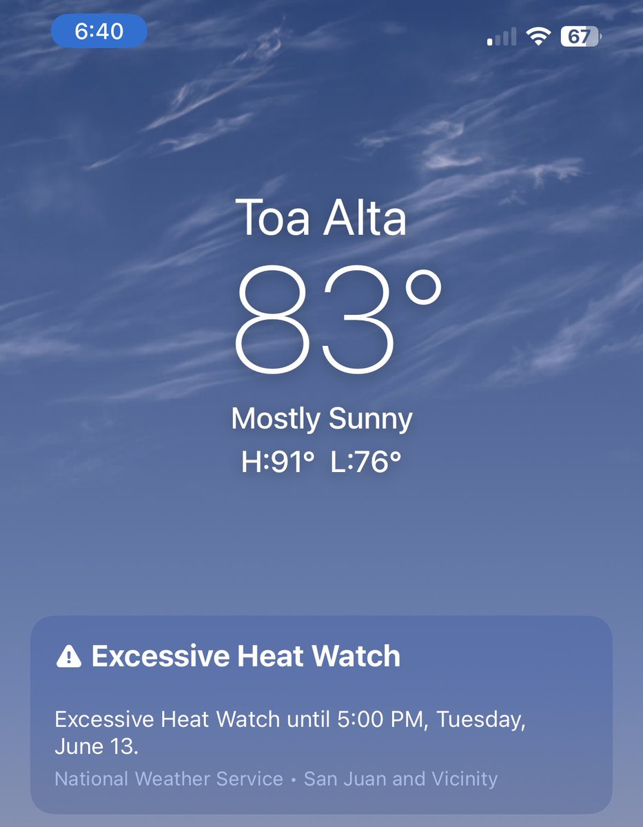 Excessive heat watch this whole week and I’ve had intermittent electric service. Again, tired after work, arriving at a house that is as hot as a sauna and no electricity. <a href="/lumaenergypr/">LUMA Puerto Rico</a> <a href="/DavidBegnaud/">David Begnaud</a> <a href="/GovPierluisi/">Gobernador Pierluisi</a> <a href="/AEEONLINE/">Autoridad de Energía Eléctrica</a>
