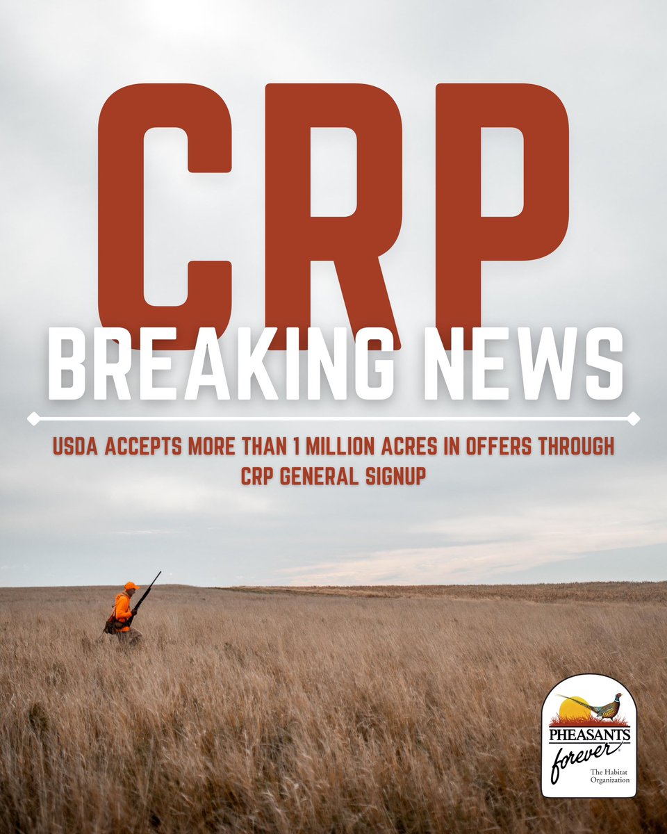The U.S. Department of Agriculture (USDA) today announced the acceptance of more than one million acres into the Conservation Reserve Program’s (CRP) general signup. Learn more at the 🔗 link below.

These acres, combined with the anticipated enrollment of CRP’s grassland and