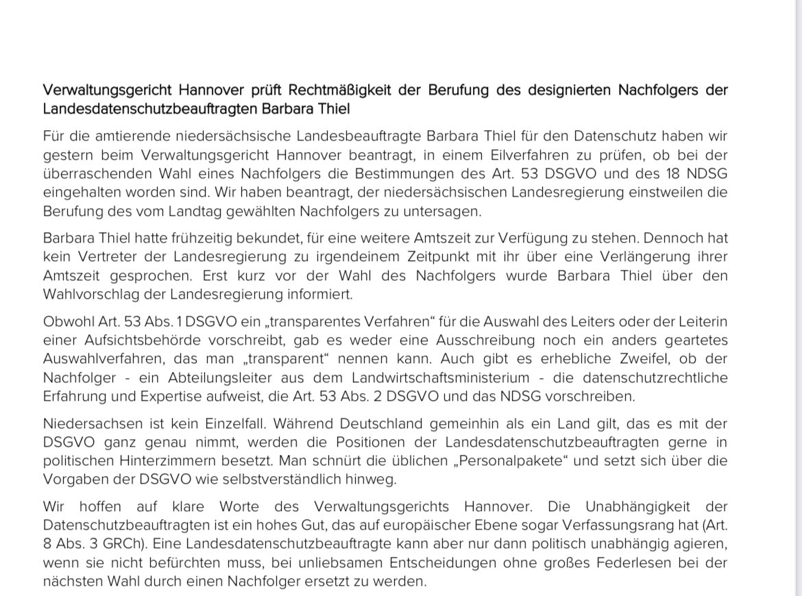 Für die Landesdatenschutzbeauftragte Barbara Thiel haben wir gestern beim Verwaltungsgericht Hannover beantragt, die Rechtmäßigkeit der Berufung ihres in einem „Hinterzimmer“ ausgewählten Nachfolgers in einem Eilverfahren zu prüfen. #DSGVO #Transparenz
