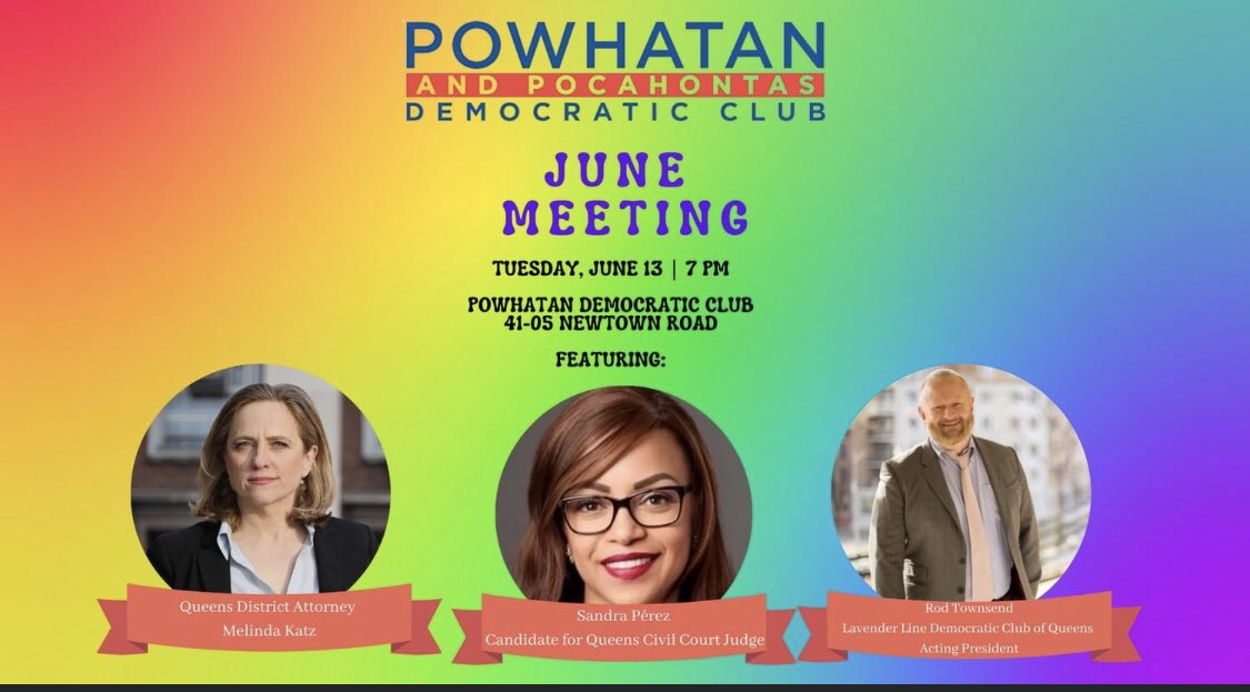 ❗️TOMORROW❗️

Join us for our June meeting where we’ll be joined by Queens’s own District Attorney <a href="/MelindaKatz/">Melinda Katz</a>, judicial candidate Sandra Perez, &amp; <a href="/LavenderLineDCQ/">Lavender Line Democratic Club of Queens</a>’s Pres. Rod Townsend!