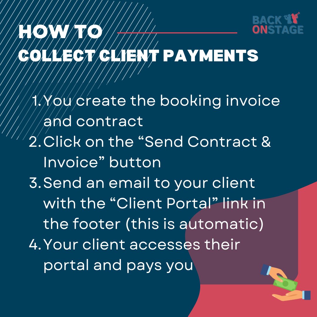Say goodbye to chasing payments! 🎉 Our unique “Client Portal” makes it easy for your #clients to sign #contracts and pay #invoices at their own convenience. Learn how to collect payments on our help article: bit.ly/3JyX3lQ

#backonstage #paymentmadeeasy #bandmanagement