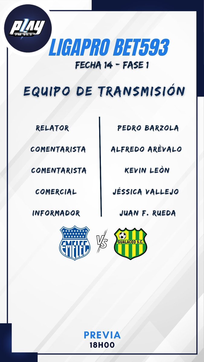 sucredeportesec's tweet photo. 💥 ¡JUEGA EL ‘BOMBILLO’! 🔵

🙌 #Emelec recibe a #GualaceoSC en la jornada 14 de #LigaPro en la cancha de #PlayFM con @alfredoarevalo_, @kevin_leon95, @JessicaVallejoC y @juanfranrueda_ ⚽️.

💪 ¿Ganará #CSEmelec en el inicio de la era Hernán Torres? 👀 https://t.co/JxwXAmeIgZ