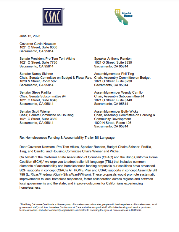 CSAC_Counties's tweet photo. #Breaking - CSAC and @BringCAHome jointly urge @GavinNewsom and #CALegislature to adopt trailer bill language w/ accountability &amp; ongoing homelessness funding – areas of agreement from both CSAC's AT HOME Plan and #AB799 (@LuzRivas). https://t.co/o4PWf3dTZR https://t.co/SU2YOKMY0V