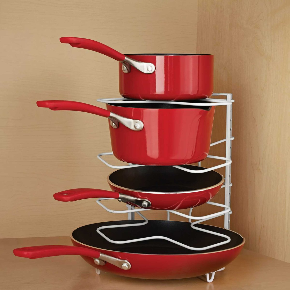 Upgrade your kitchen game with this 5-Tier Pan Organizer! 🍳🥘 Adjustable dividers, rust-resistant finish, and space-saving design make it a must-have for any cabinet or pantry. Say goodbye to clutter and hello to organized bliss! 😍🙌 #KitchenGoals #PanOrganizer