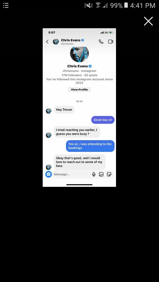 BellaBaumen's tweet photo. @ChrisEvans  #scammers  Scammers new technique. They pose as Chris Evans' publicists on social media and contact you saying that the actor wants to talk to you in private as a way of rewarding you for your loyalty... https://t.co/nbWcM2qsjG