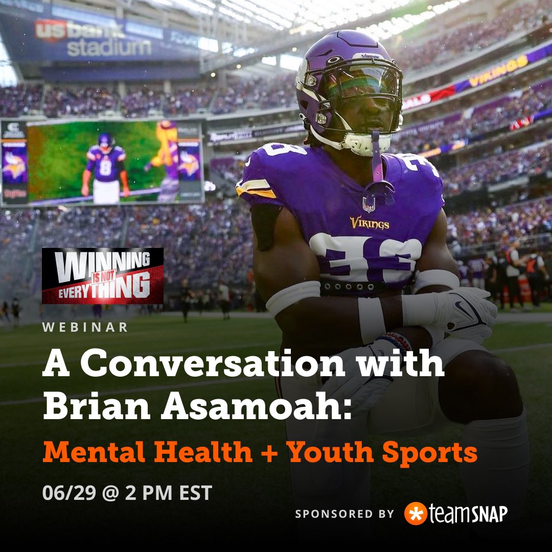 seankjensen's tweet photo. So honored to host a Webinar titled “Mental Health & Youth Sports” later this month. I’ll have a conversation with @Vikings LB @brianasamoah on his experiences and insights around mental health at every level. Thankful to my #WinningIsNotEverything podcast sponsor, @teamsnap, for sponsoring this and making this possible! 
Sign up below ⬇️ 
https://t.co/p4L03PeKXO