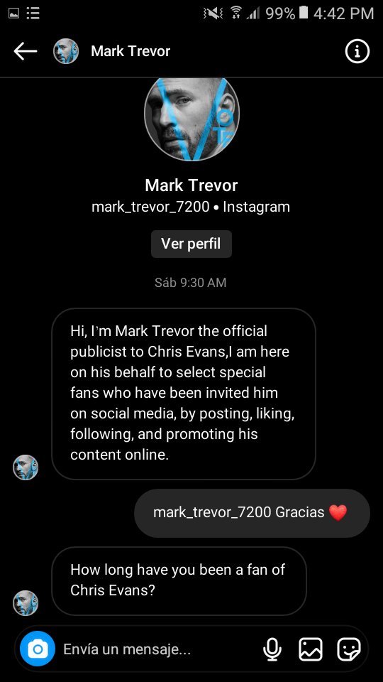 BellaBaumen's tweet photo. @ChrisEvans  #scammers  Scammers new technique. They pose as Chris Evans' publicists on social media and contact you saying that the actor wants to talk to you in private as a way of rewarding you for your loyalty... https://t.co/nbWcM2qsjG