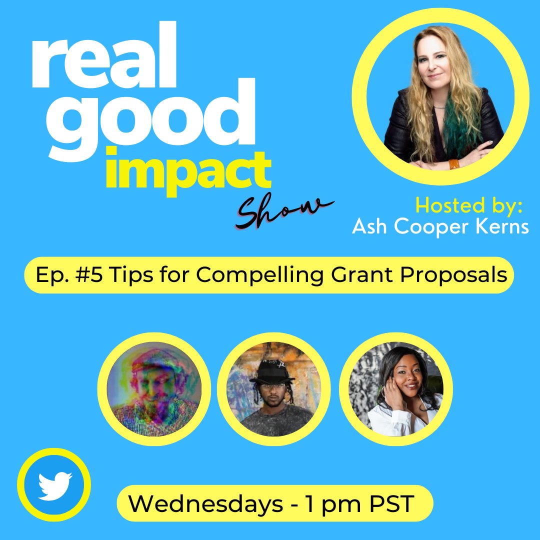 Are you considering seeking grant funding for your art project, nonprofit or NGO? 

Join us for Wednesday's REAL GOOD IMPACT Show featuring tips for crafting compelling grant proposals. 

✅ 👀 ft. 💫 speaker bios👇🏻
✅ Set your 🔔 with link 👇🏻
✅ Share your❓👇🏻

#RealGoodImpact