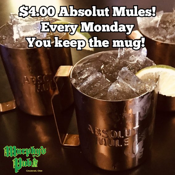 🍕 Come in tonight for FREE Adriatico's Bearcat Pizza!
🍸 Absolut Mules - any flavor you like - are just $4.00 on Mondays! 🍻 And you can keep the mule mug! 
😃 Free Pizza and Free Mugs tonight at Murphy's Pub! 
☘ Sláinte!
#pizza #pizzanight #drinkspecials #AbsolutVodka