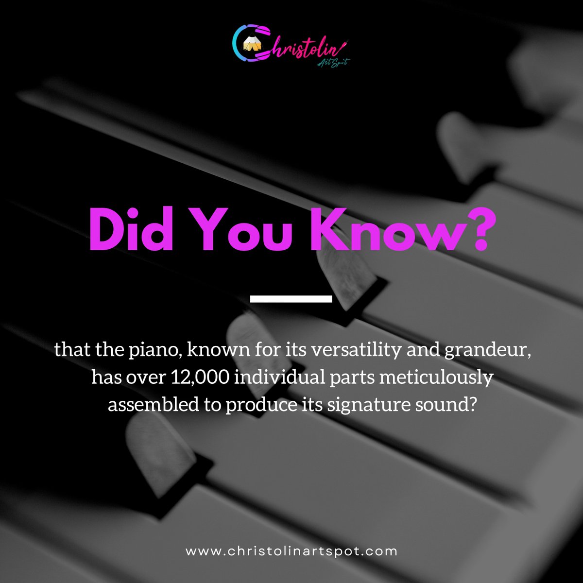 ChristolinSpot's tweet photo. Did you know that the piano, known for its versatility and grandeur, has over 12,000 individual parts meticulously assembled to produce its signature sound?

#christolinartspot #pianoclasses #piano #pianolessons #music #pianoteacher #musicschool #musicclasses #musiclessons https://t.co/V6sRXndIb4