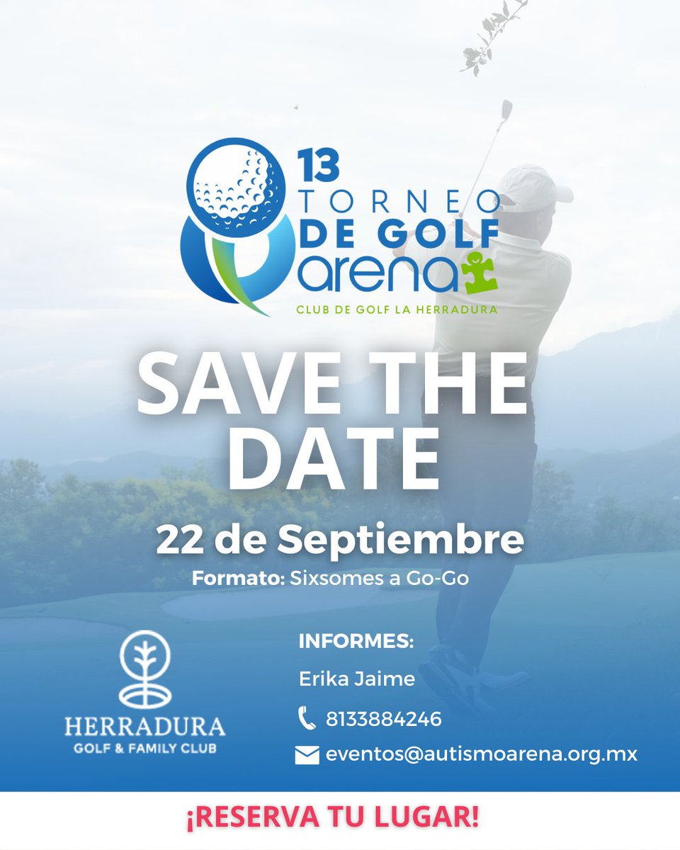 ¡Nuestro Torneo de Golf ARENA 2023 ya tiene fecha! ⛳️
📆Este 22 de septiembre te esperamos en el campo de golf La Herradura.

👉RESERVA TU LUGAR

Para más informes:
eventos@autismoarena.org.mx
Whatsapp 8133884246

#torneo #torneodegolf #golf #autismo #monterrey