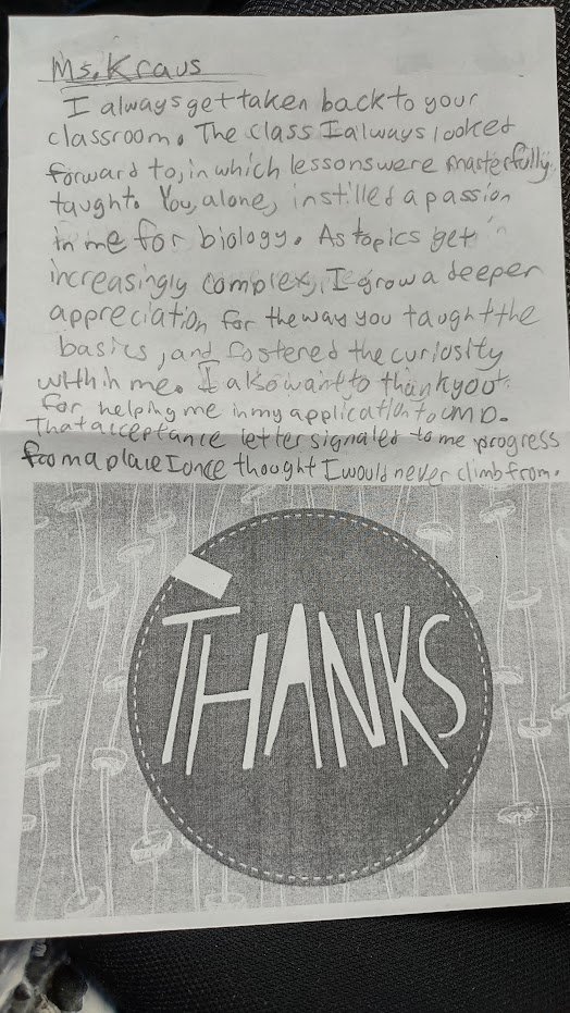 I was a little choked up leaving the building this evening. I don't think students understand how much little notes like this mean to us. #ThankYou #TeacherAppreciation #TeacherTwitter #PostForPencils 💚