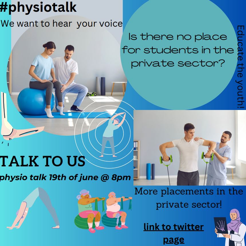 The next #physiotalk tweetchat on Monday is on Practice Based Learning in Private Practice hosted by @lo_physio with students @physio_muskan and @PhysioMar Join in at 8pm on Mon 19th Jun @Physio_KCL @LivUniPhysio @UELPhysio @uwephysiosoc @BUPhysio physiotalk.co.uk/2023/05/05/pra…