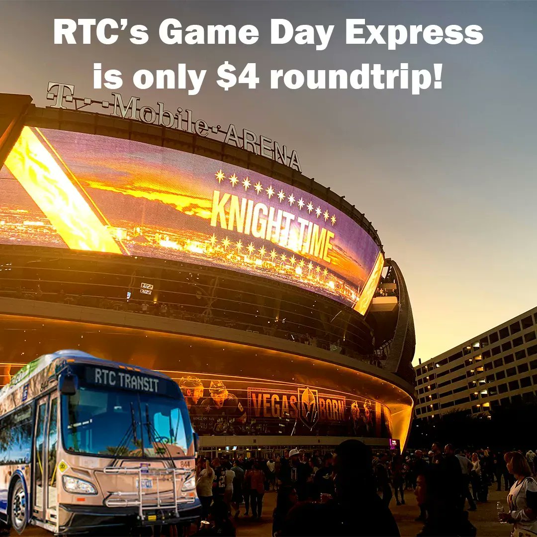 ClarkCountyDES's tweet photo. One more sleep before Game 5 of #StanleyCupFinal! If you're going tomorrow night, save 💰 &amp; ⛽ with @RTCSNV’s #GameDayExpress! $4 roundtrip &amp; picks up from 5️⃣ convenient locations throughout #ClarkCountyNV ▶️ https://t.co/GCjpven4vm. #UKnighttheRealm https://t.co/cYjqIfk34k