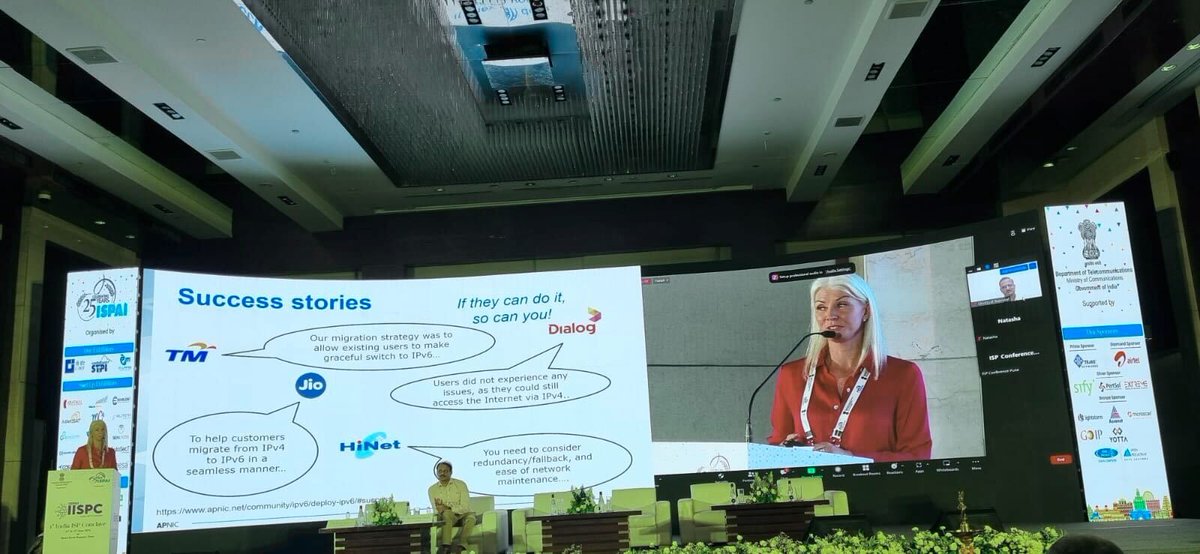 apnic's tweet photo. Karla Skarda and Sunny Chendi presenting on the status of #IPv6 in #India at the first #IndiaISPConclave. More details: 
https://t.co/GQCZ5ZGC4P

#ISPAI https://t.co/MVkuEQusuo