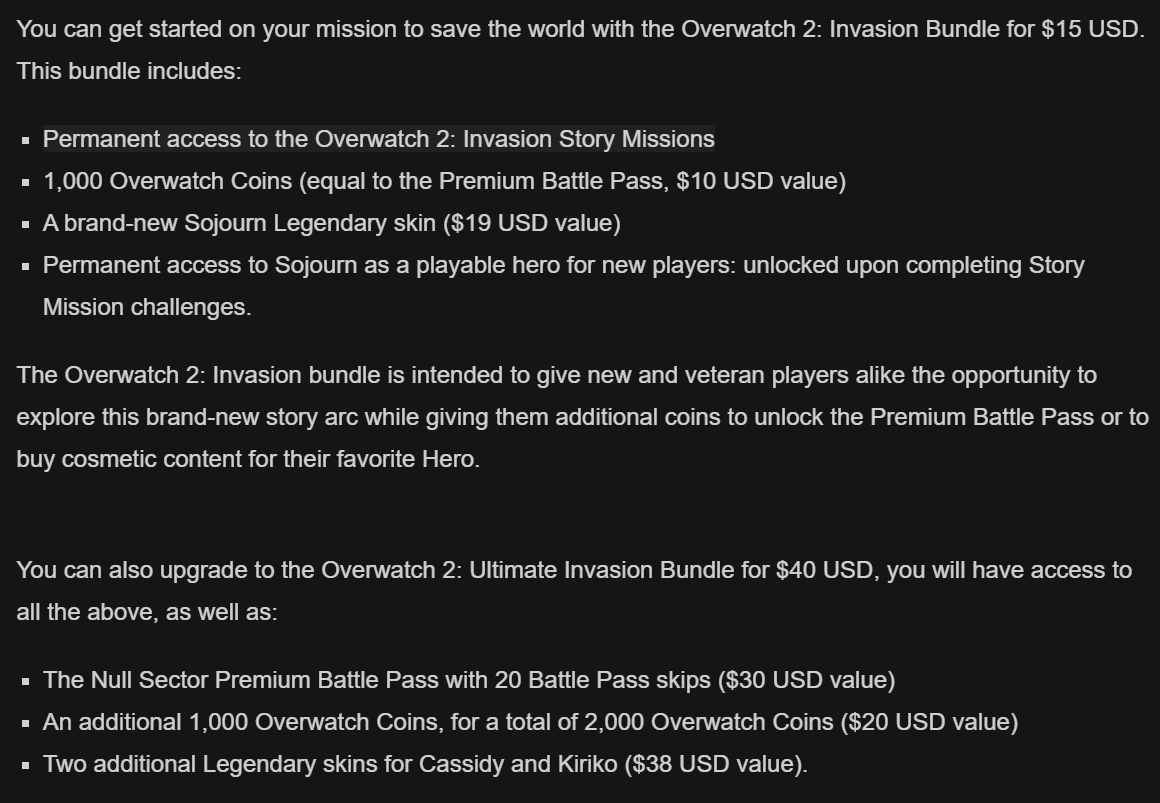 Overwatch 2 First PvE Story Mission is available for $15 USD.

You can get started on your mission to save the world with the #Overwatch2 Invasion Bundle for $15 USD. This bundle includes.

📃blizz.ly/3X29OeY