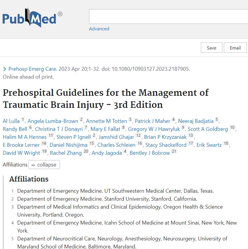 UTSW_EM's tweet image. Congratulations @al_lulla @UTSW_EM, lead author on the recently published "Prehospital Guidelines for the Management of TBI" @brain_trauma, providing evidence-based recs for management of TBI in the prehospital setting. bit.ly/3J36Xg7