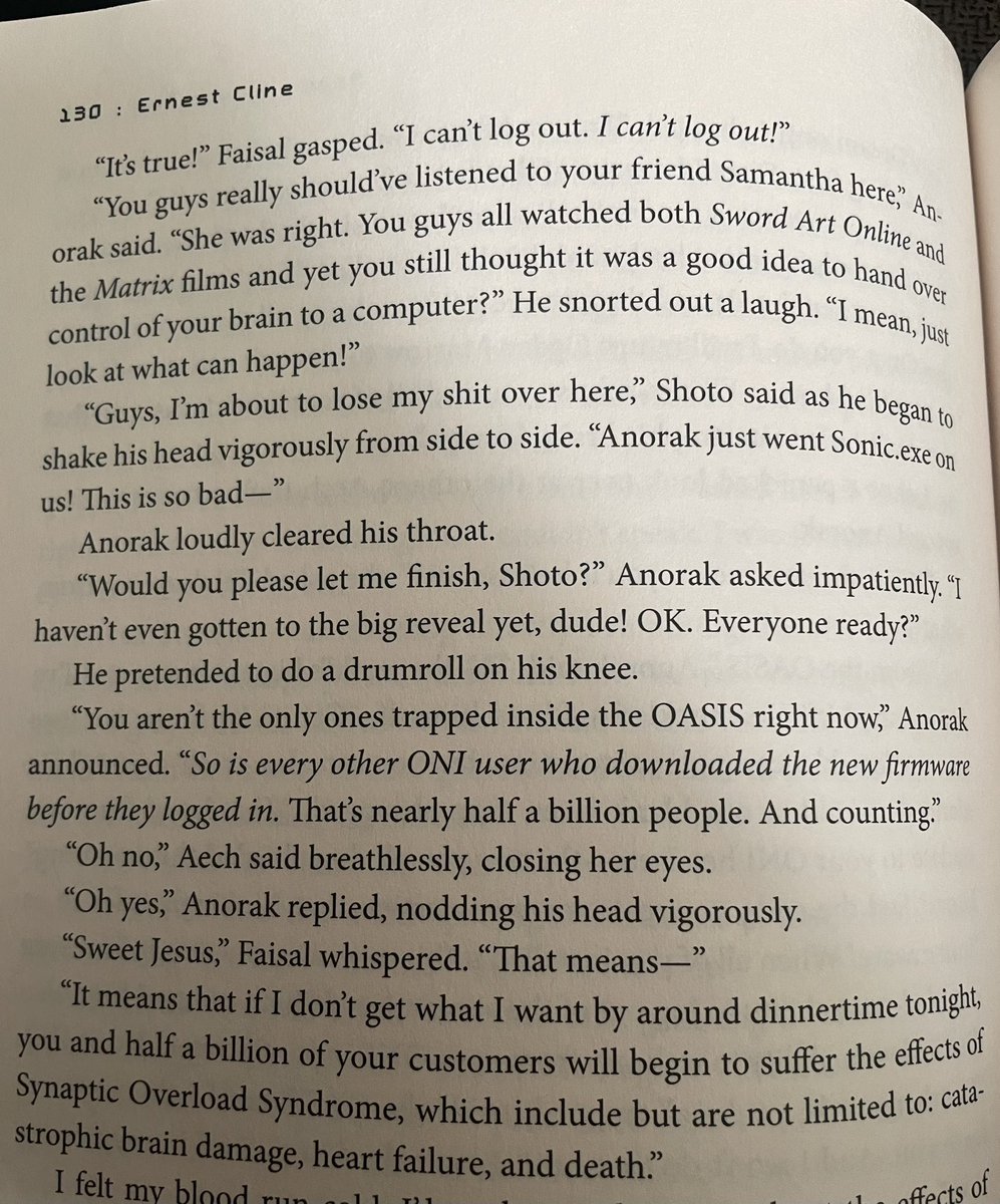 This book has gone from “oh they’re making references to SAO” to “oh they’re LITERALLY pulling the big plot twist from SAO” to “we’re literally bragging about we’re ripping off SAO” to “no literally, we are”

… NOW I understand why some ppl didn’t like Ready Player Two https://t.co/StBZp80pZA