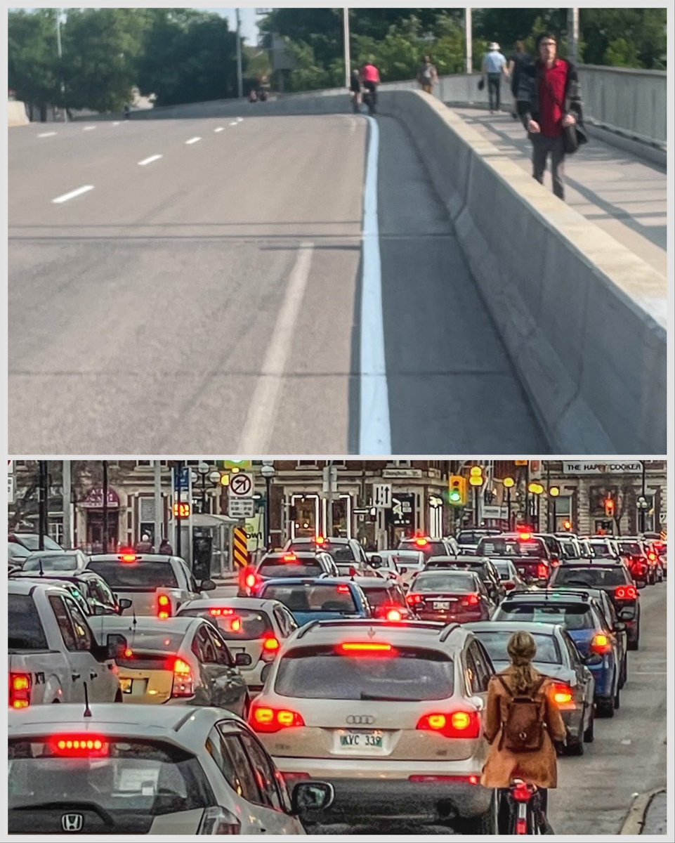 Oh, @cityofwinnipeg. Why were the car lanes made wider on the Osborne Bridge? The shoulder was the last vestige of space for cyclists on the busy connection between downtown and the Village. Now they have to fight for space with cars in the lane itself.