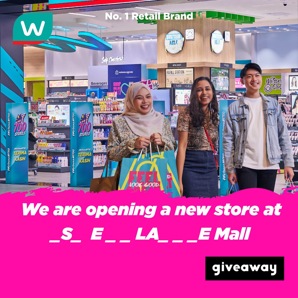 watsonsmy's tweet photo. 𝐌𝐚𝐥𝐚𝐲𝐬𝐢𝐚'𝐬 𝐍𝐨.𝟏 𝐑𝐞𝐭𝐚𝐢𝐥 𝐁𝐫𝐚𝐧𝐝, #WatsonsMalaysia is proud to announce our 700th store at... no you tell us! 🤭 Quote Retweet your answer &amp; 7 lucky winners* will stand a chance to win 7000 Watsons Points*! 🥳 Join the fun &amp; guess away NOW! 😍

*T&amp;Cs apply. https://t.co/OFgAaUzinK