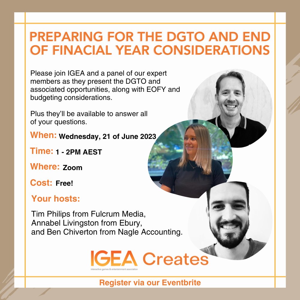 Please join us for a webinar to prepare for the DGTO &amp; associated opportunities along with EOFY &amp; budgeting considerations. Our expert member panel includes Fulcrum Media Finance, Nagle Accounting &amp; Ebury, with plenty of time for Q&amp;A. Registration is FREE  eventbrite.com.au/e/igea-webinar…