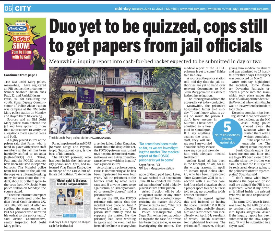 DiwakarSharmaa's tweet photo. #SODOMY in PRISON: Cops, jail officials order double probe. #Barrack_Boss shifted to #Anda_Cell; nearly 80 Co-prisoners quizzed by #MumbaiPolice.
Meanwhile, inquiry report into cash-for-bed #racket, which is running inside #ArthurRoad jail, is expected to be submitted soon. https://t.co/iY4aeTyc17
