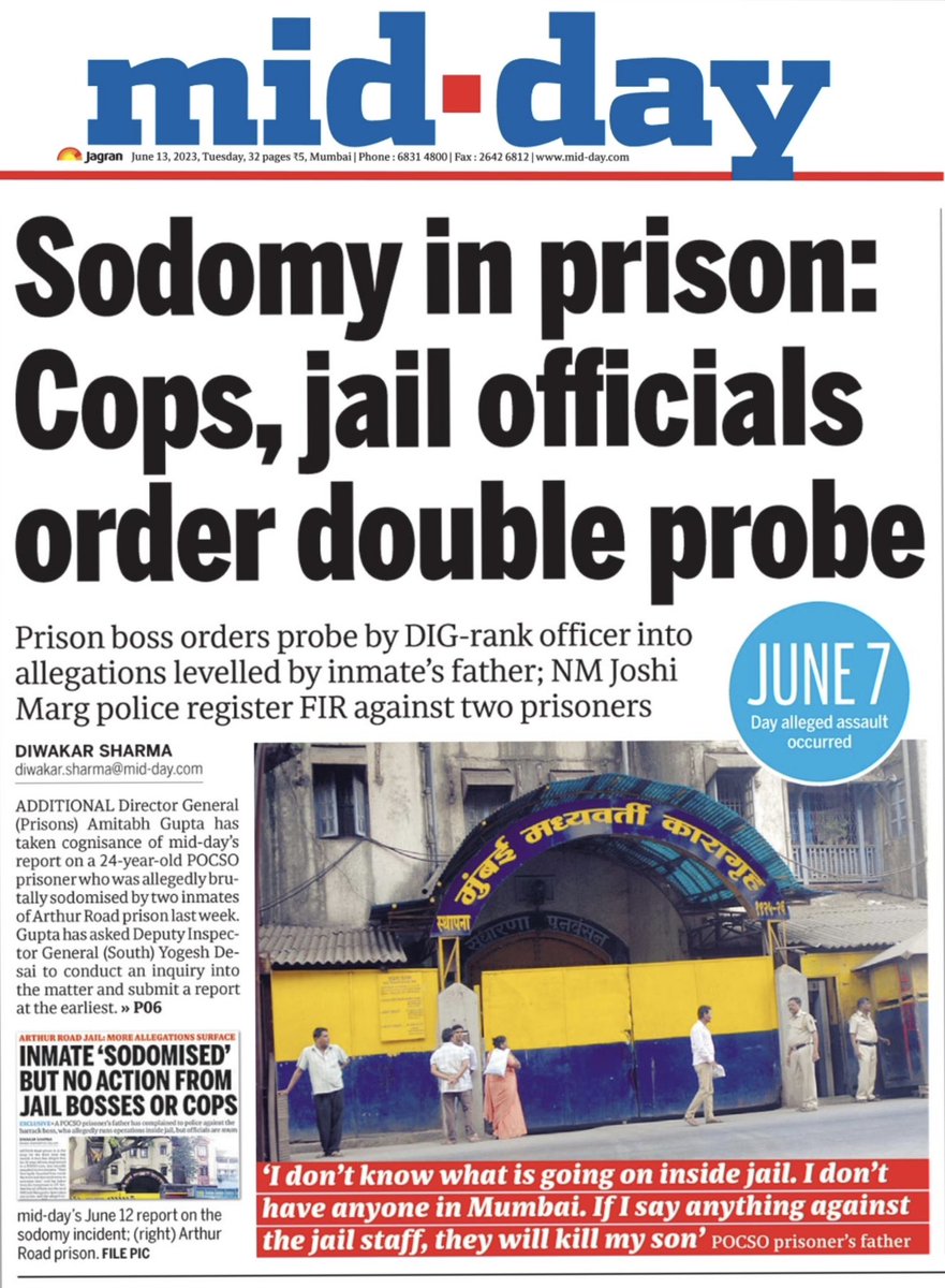 DiwakarSharmaa's tweet photo. #SODOMY in PRISON: Cops, jail officials order double probe. #Barrack_Boss shifted to #Anda_Cell; nearly 80 Co-prisoners quizzed by #MumbaiPolice.
Meanwhile, inquiry report into cash-for-bed #racket, which is running inside #ArthurRoad jail, is expected to be submitted soon. https://t.co/iY4aeTyc17