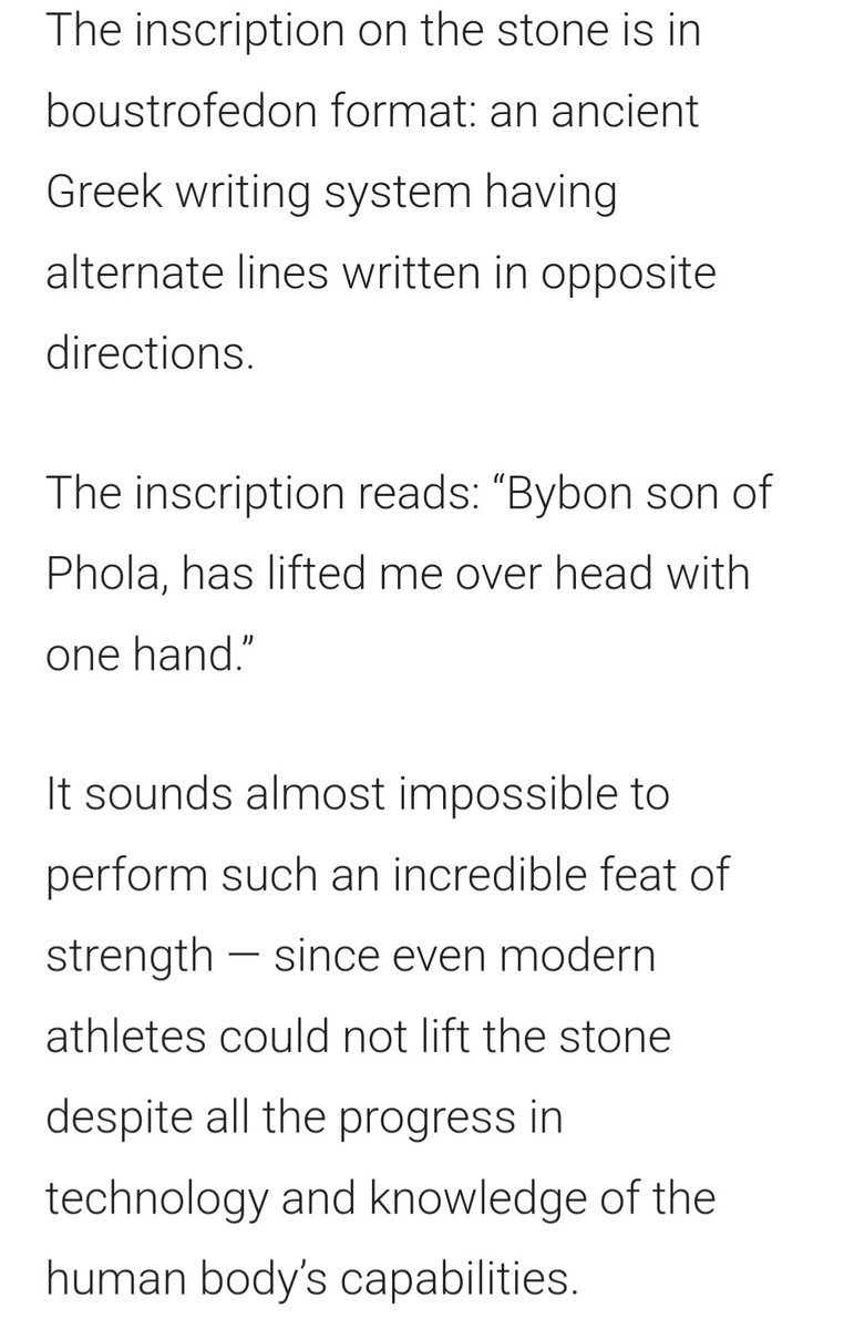 @SzyZat @autistocrates It is a fascinating topic... Reminder testosterone levels have plummeted in the prior century. Even if ancients were smaller in size, it's possible they were stronger lb- for lb

I don't believe any modern lifters can single-hand powerclean the 316-lb Stone of Bybon, as he did