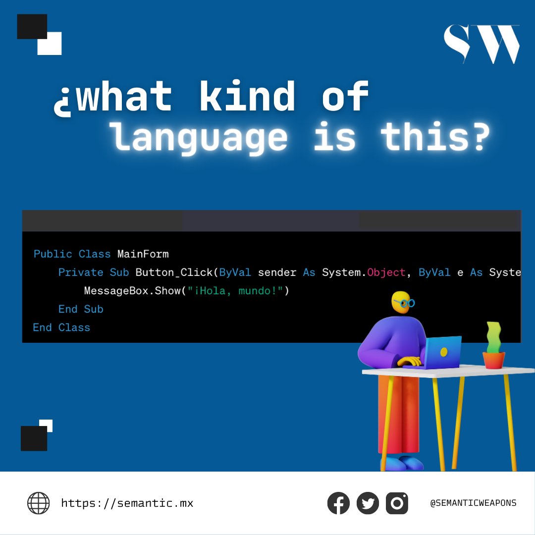 Guess what kind of programming language we are using in this message. 💻 👾

Leave us a comment with your answer! 🔎

Don't forget to share this challenge with your coder friends! 👥 🙌

#GuessTheLanguage #python #semanticweapons #VisualCode #javascript #share #programming