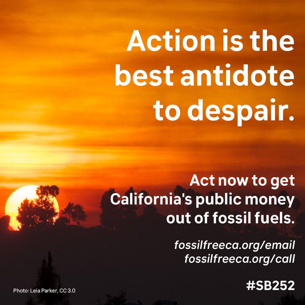 Wildfires. Smoke. Toxic air. 
Taking action on climate has never been more urgent.

Let’s pass California #SB252, and divest 
over $14 BILLION of our public money from fossil fuels. In 2023.

Contact your Assembly rep today:
fossilfreeca.org/call
fossilfreeca.org/email
#Divest