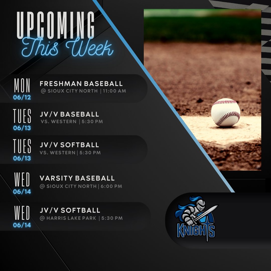 unity_athletics's tweet photo. Check out this week in Baseball and Softball..... LOTS of action this week!

Home games on:
Tuesday vs. Western Christian
Thursday Freshman vs Sioux Center DH

Others are all away! GO KNIGHTS!!!

#uchslife #uchsweeklyschedule #uchsbaseball #uchssoftball #uchsathletics https://t.co/nRdW1XzBPK