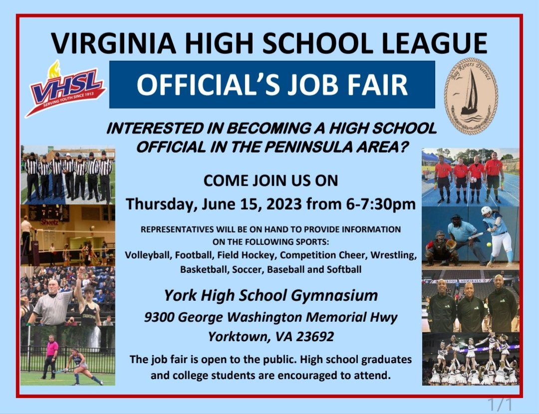 Have you ever thought about becoming a high school referee or umpire? York HS is hosting an Officials Job Fair on Thur, June 15 at 6-730pm in the main gym. Please RT.
<a href="/VHSL_/">VHSL Athletics</a>  <a href="/757teamz/">757Teamz</a>  <a href="/JamiVP/">Jami Frankenberry</a> <a href="/CNUcaptains/">Christopher Newport University</a> 
<a href="/nnpstv/">NNPS-TV</a> <a href="/WJCCSchools/">WJCC Schools</a> 
@vapensport