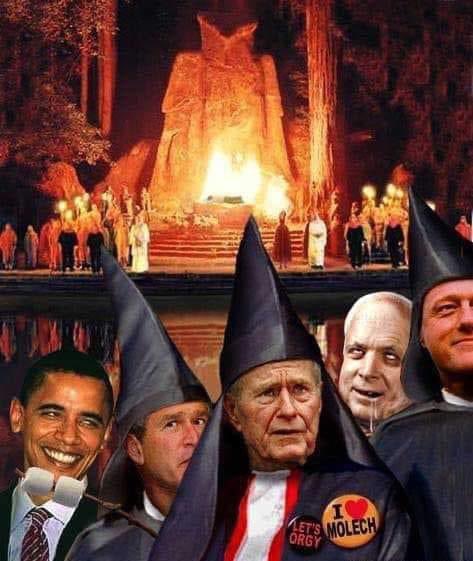 Bohemian Grove, a place in Monte Rio, California where every July elites participate in a two week encampment where members gather to watch the ritual sacrifice of a human effigy to a large wooden owl 🦉 which is then worshipped as fireworks go off and cloaked high priests pray.