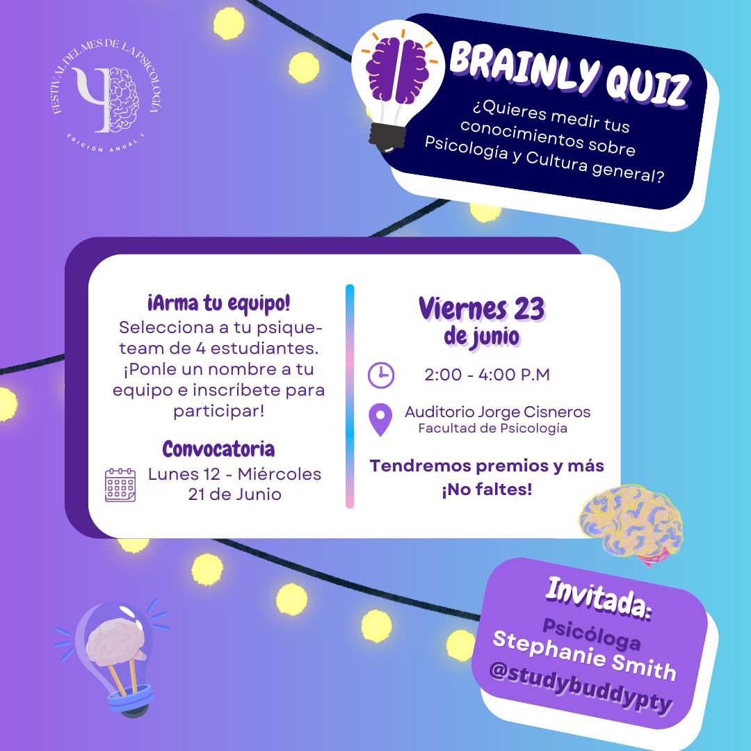aepsi_up's tweet photo. Les presentamos nuestra 3ra actividad en el marco del FESTIVAL DEL MES DEL PSICÓLOGO. 🧠

✨🧠BRAINLY QUIZ🧠✨ un concurso donde en equipo de 4 estudiantes se medirán los conocimientos de Psicología y Cultura General el Viernes 23, para más info síguenos en Instagram https://t.co/P6fV8w5iBw