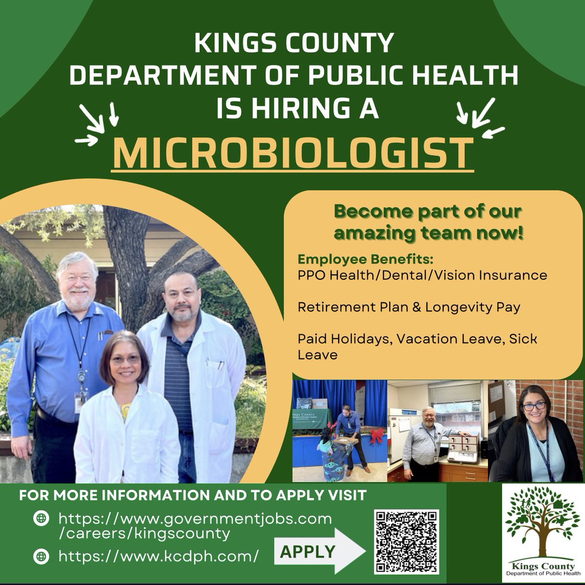 Come work for the Kings County Department of Public Health! 

KCDPH is recruiting a Microbiologist. To apply, visit governmentjobs.com/careers/kingsc…

Employee Benefits:
PPO Health/Dental/Vision Insurance 
Retirement Plan & Longevity Pay
Paid Holidays, Vacation Leave, Sick Leave