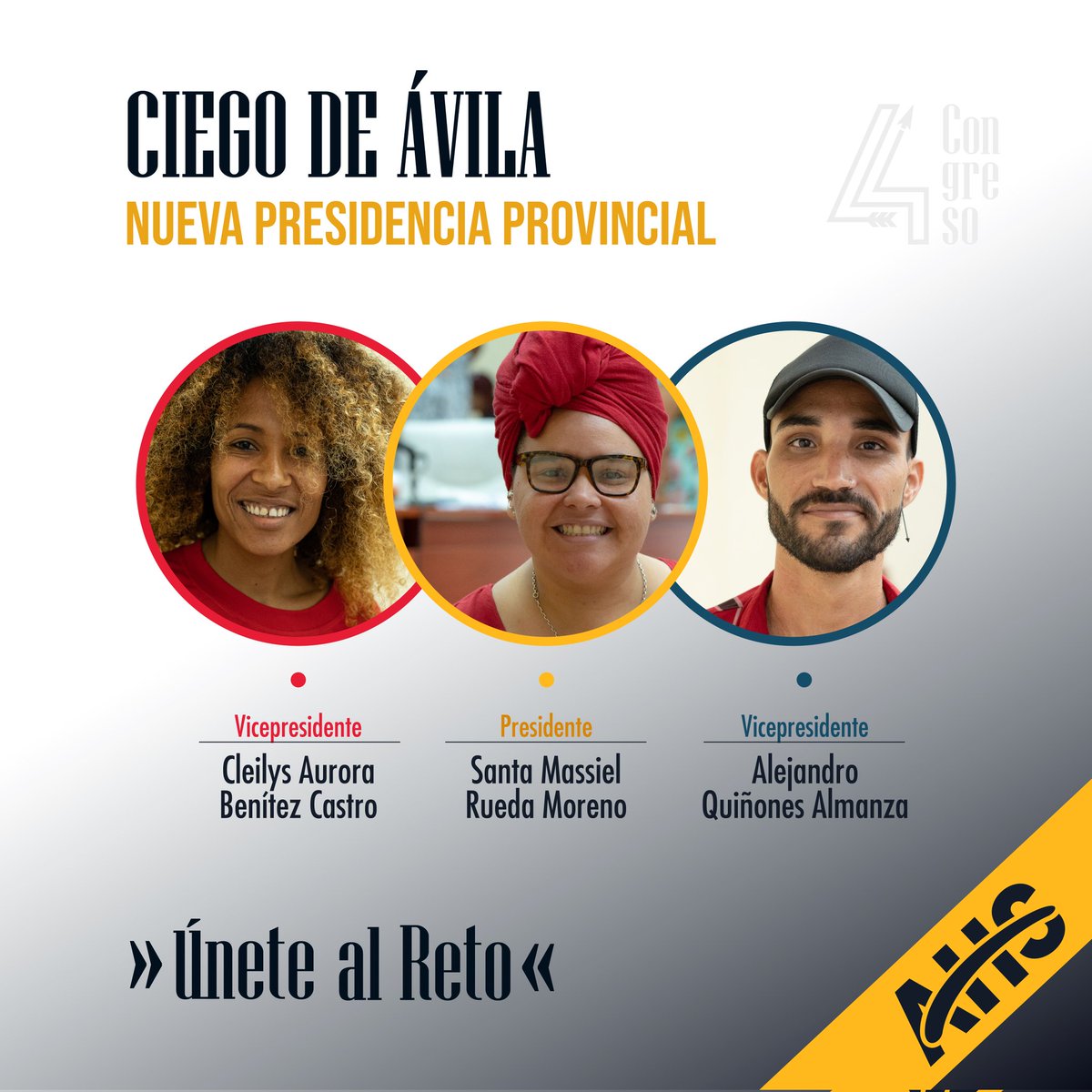En la unión está el reto.
Durante la #AsambleaProvincial #4toCongreso se ratificó la presidencia provincial. 
Muchas felicidades muchachos!!!
<a href="/ahsjovenescuba/">Asociación Hermanos Saíz</a> <a href="/AlejoQuiones1/">Alejandro Quiñones</a> <a href="/CleilysB/">Cleilys Benitez</a> <a href="/massiel_santa/">Santísima</a> <a href="/IzquierdoAlons1/">Livan Izquierdo Alonso</a> <a href="/yamila_padron/">Yamila Cruz Padrón</a> 
#AHSCuba #LatirAvileño #CiegodeÁvila #Cuba